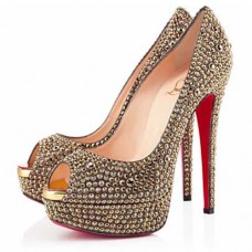 Christian Louboutin Lady Peep Strass 140mm Peep Toe Pumps Gold