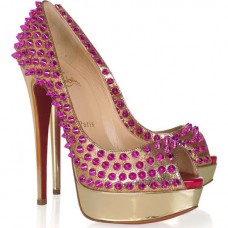 Christian Louboutin Lady Peep Spikes 140mm Peep Toe Pumps Gold Rose