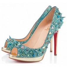 Christian Louboutin Yolanda Spikes 120mm Peep Toe Pumps Green Christian Louboutin Yolanda Spikes 120mm Peep Toe Pumps Green